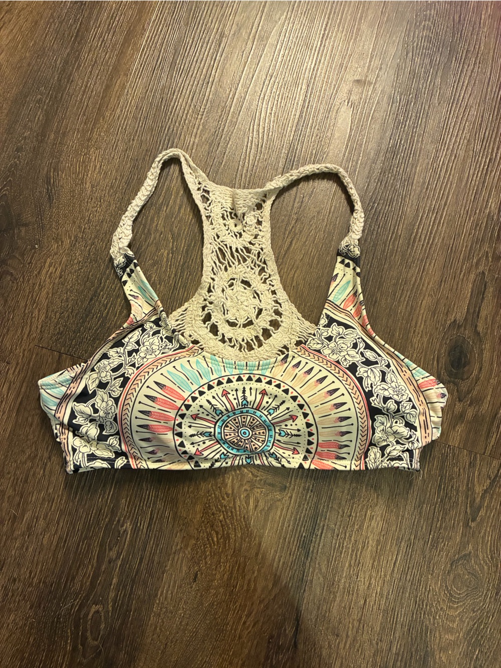 Crochet-Back Printed Bikini Top in Coral, Teal & Black